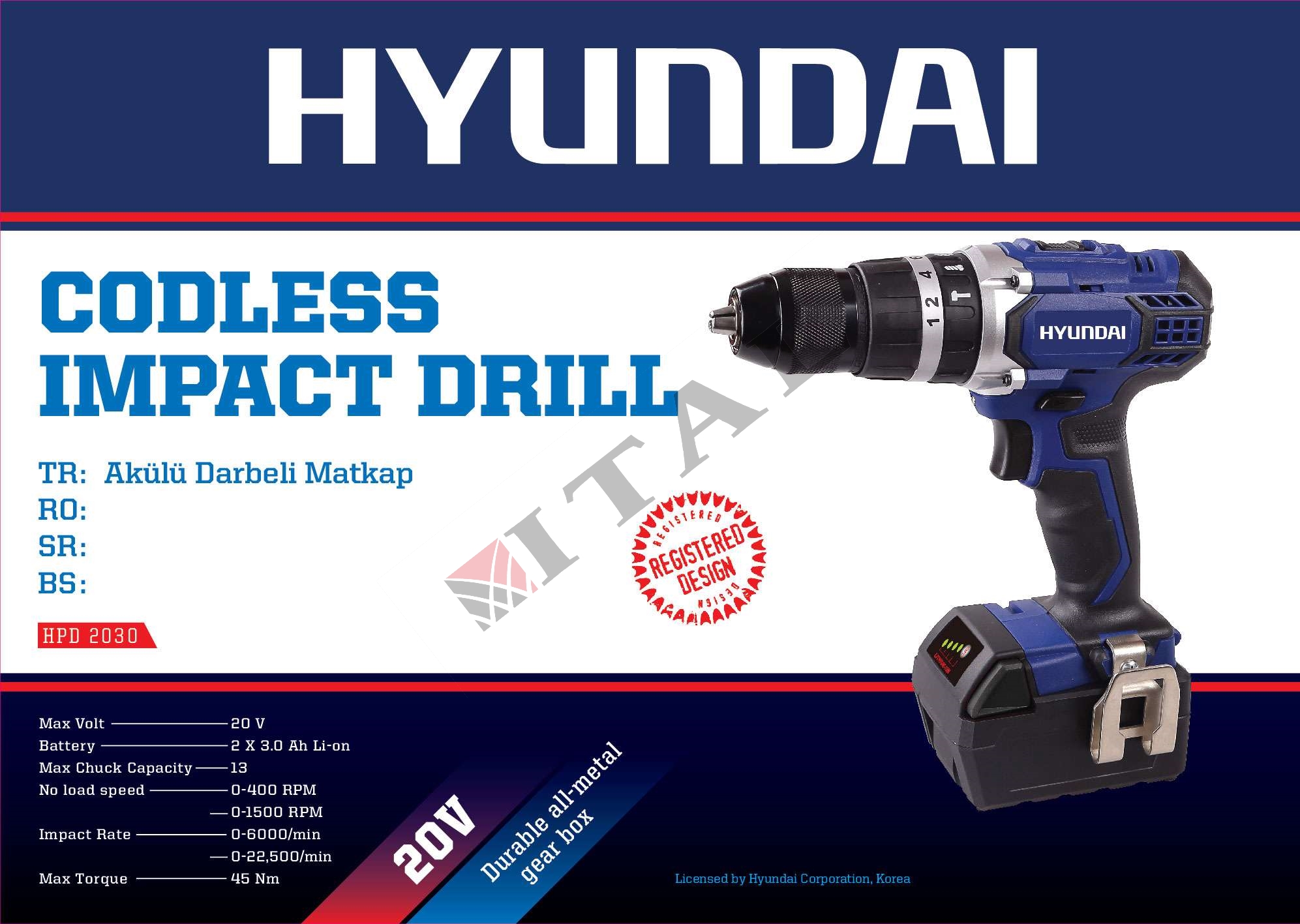 HYUNDAI AKÜLÜ DARBELİ MATKAP 20V 3Ah